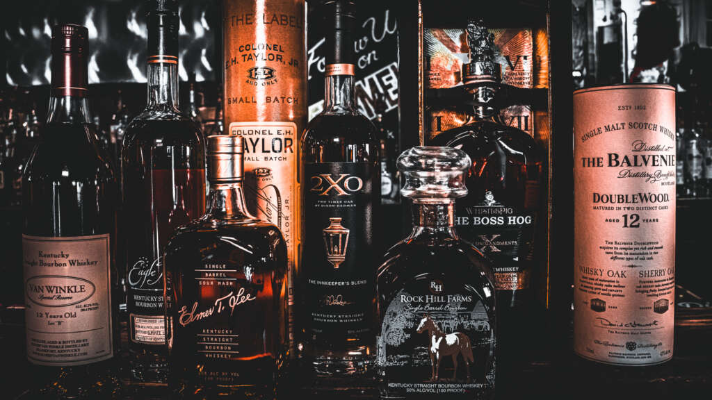 A wide selection of quality bourbons at the bar of the Dew Drop Inn, CT
